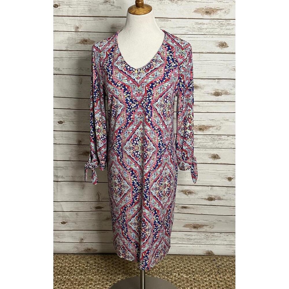 Chico's multicolored jersey knit knotted cuff shift midi dress Size 1/Medium